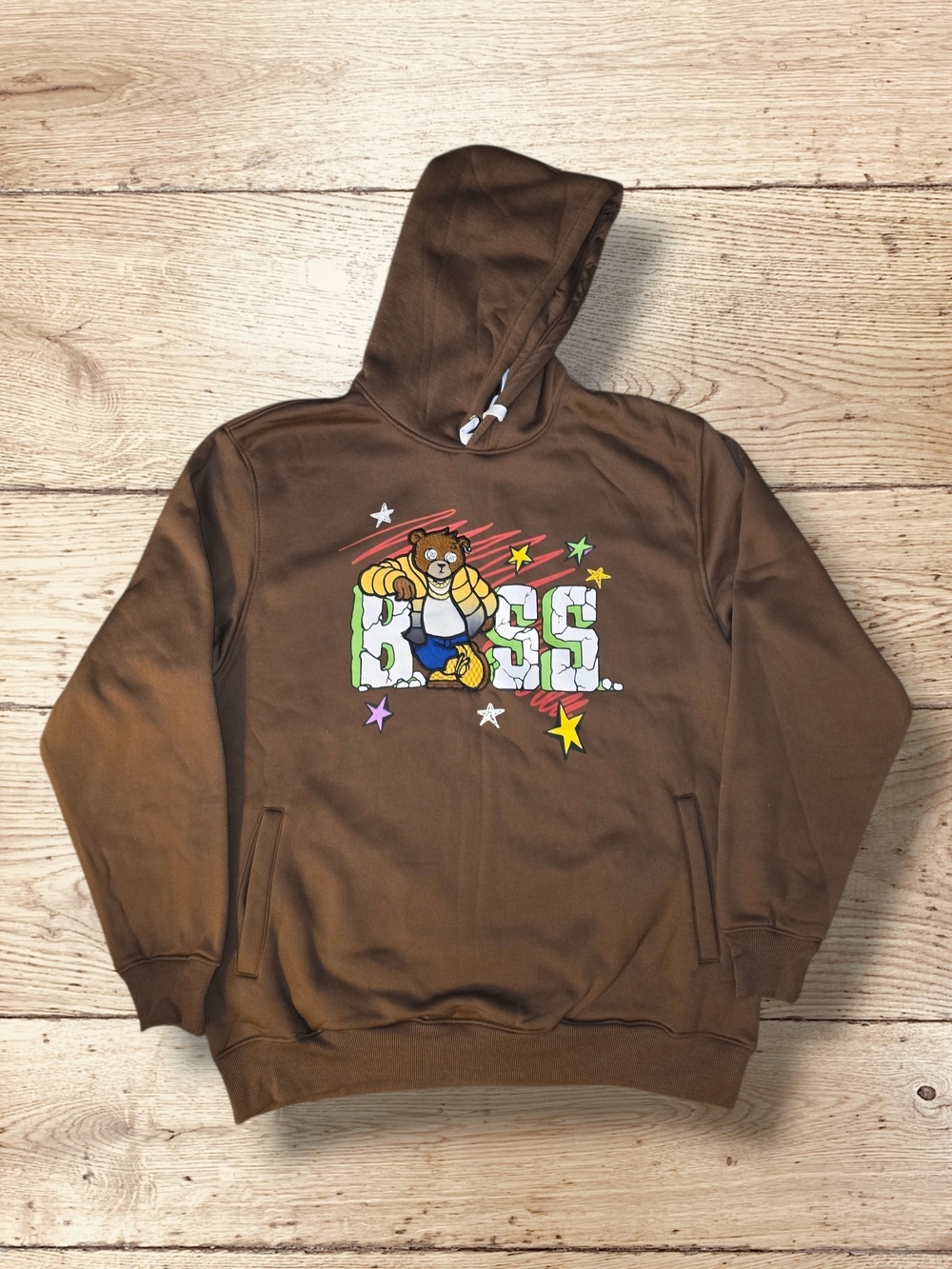 Men's Brown Graphic 'BOSS' Hoodie with Bear Motif